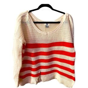 Old Navy open weave boat neck sweater in off white and orange.